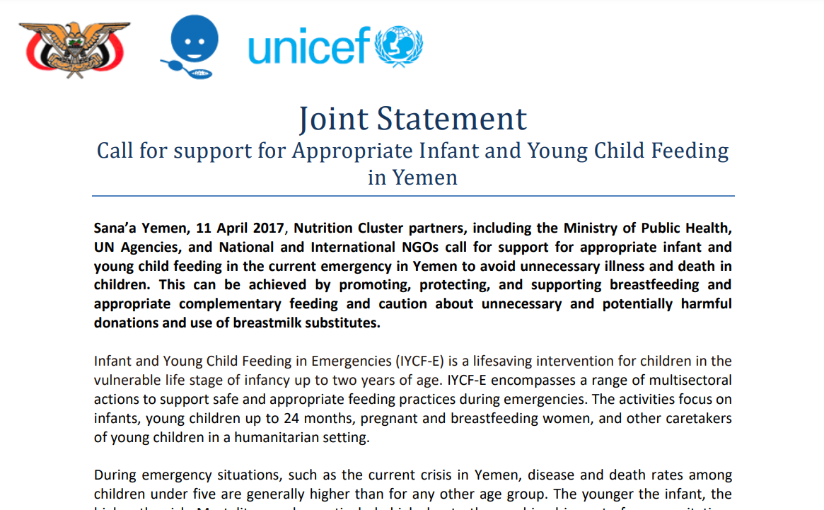 Joint Statement Call for support for Appropriate Infant and Young Child Feeding in Yemen