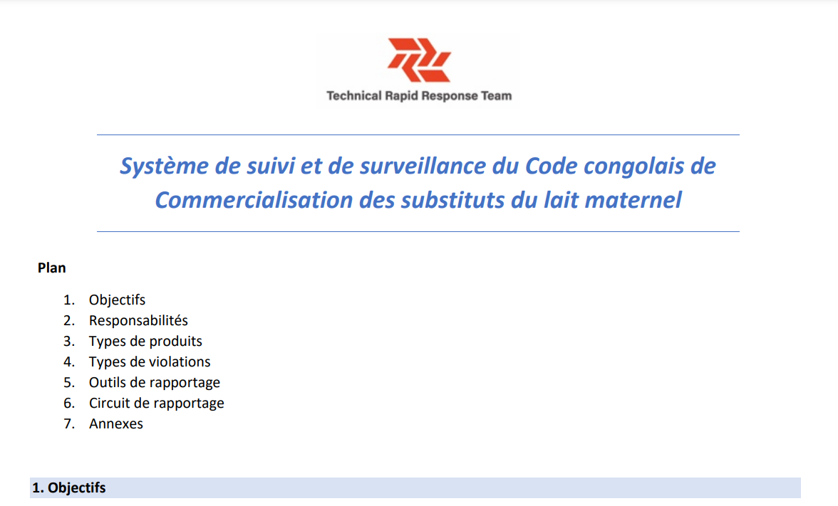 Système de suivi et de surveillance du Code congolais de Commercialisation des substituts du lait maternel