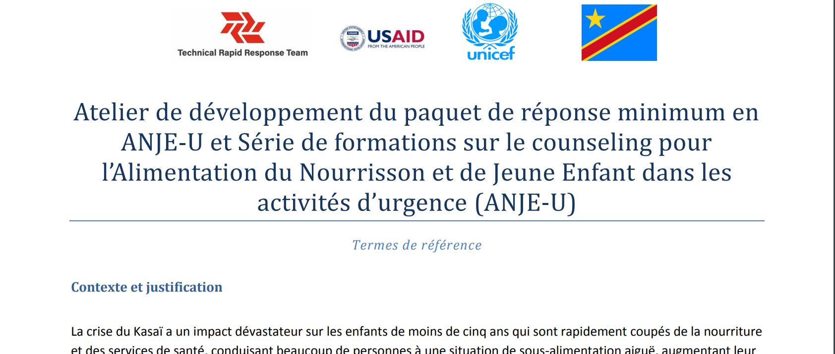 Atelier de de veloppement du paquet de re ponse minimum en ANJE-U et Se rie de formations sur le counseling pour l’Alimentation du Nourrisson et de Jeune Enfant dans les activite s d’urgence (ANJE-U)