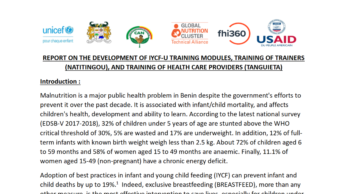 REPORT ON THE DEVELOPMENT OF IYCF-U TRAINING MODULES, TRAINING OF TRAINERS (NATITINGOU), AND TRAINING OF HEALTH CARE PROVIDERS (TANGUIETA)